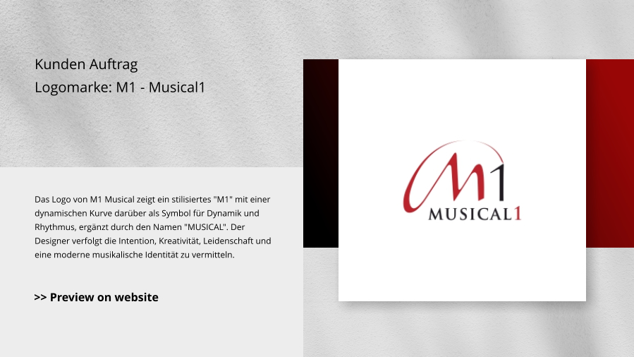 Kunden Auftrag Logomarke: M1 - Musical1 Das Logo von M1 Musical zeigt ein stilisiertes "M1" mit einer dynamischen Kurve darüber als Symbol für Dynamik und Rhythmus, ergänzt durch den Namen "MUSICAL". Der Designer verfolgt die Intention, Kreativität, Leidenschaft und eine moderne musikalische Identität zu vermitteln. >> Preview on website