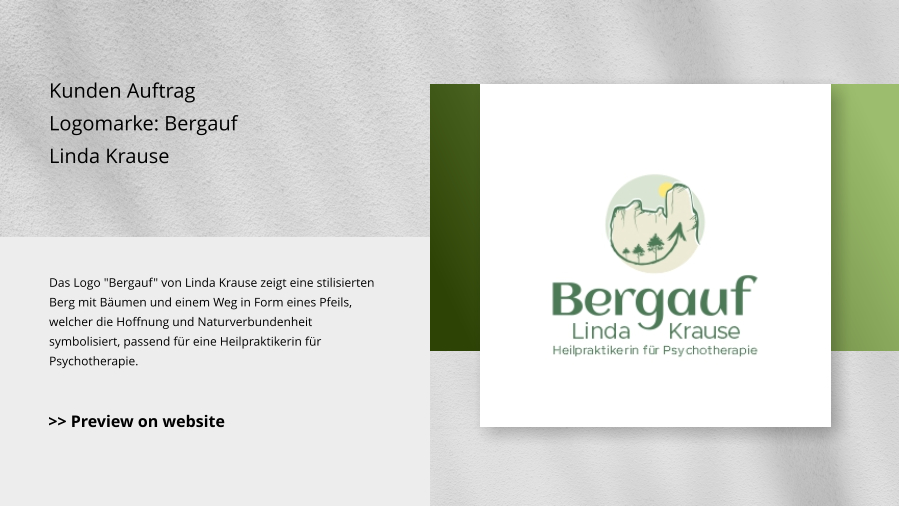 Kunden Auftrag Logomarke: Bergauf Linda Krause Das Logo "Bergauf" von Linda Krause zeigt eine stilisierten Berg mit Bäumen und einem Weg in Form eines Pfeils, welcher die Hoffnung und Naturverbundenheit symbolisiert, passend für eine Heilpraktikerin für Psychotherapie.  >> Preview on website