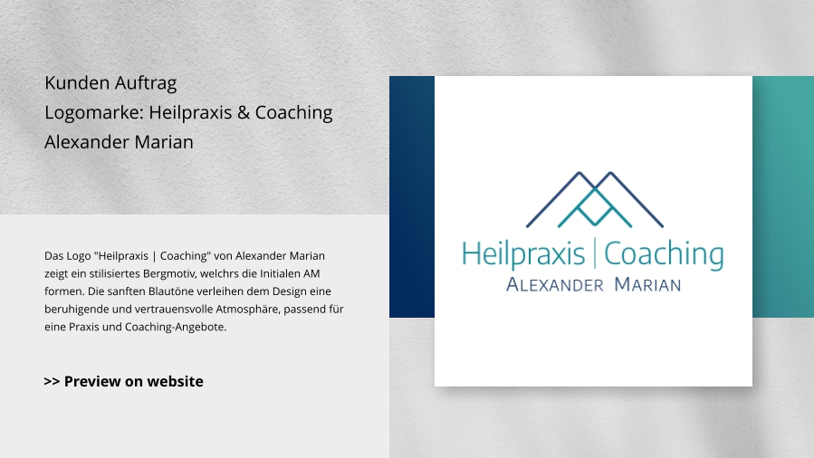 Kunden Auftrag Logomarke: Heilpraxis & Coaching Alexander Marian Das Logo "Heilpraxis | Coaching" von Alexander Marian zeigt ein stilisiertes Bergmotiv, welchrs die Initialen AM formen. Die sanften Blautöne verleihen dem Design eine beruhigende und vertrauensvolle Atmosphäre, passend für eine Praxis und Coaching-Angebote. >> Preview on website