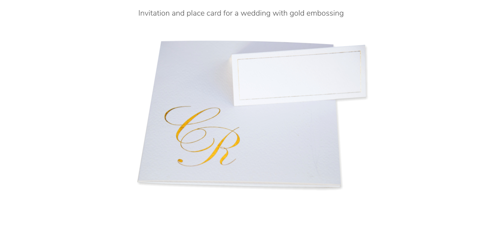 Invitation and place card for a wedding with gold embossing
