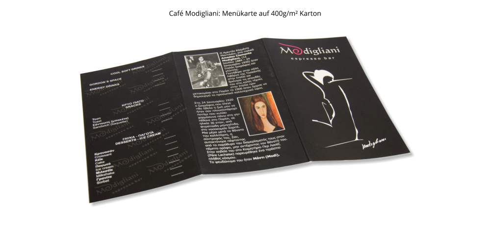 Café Modigliani: Menükarte auf 400g/m² Karton