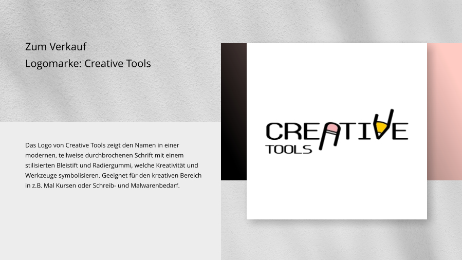 Zum Verkauf Logomarke: Creative Tools Das Logo von Creative Tools zeigt den Namen in einer modernen, teilweise durchbrochenen Schrift mit einem stilisierten Bleistift und Radiergummi, welche Kreativität und Werkzeuge symbolisieren. Geeignet für den kreativen Bereich in z.B. Mal Kursen oder Schreib- und Malwarenbedarf.