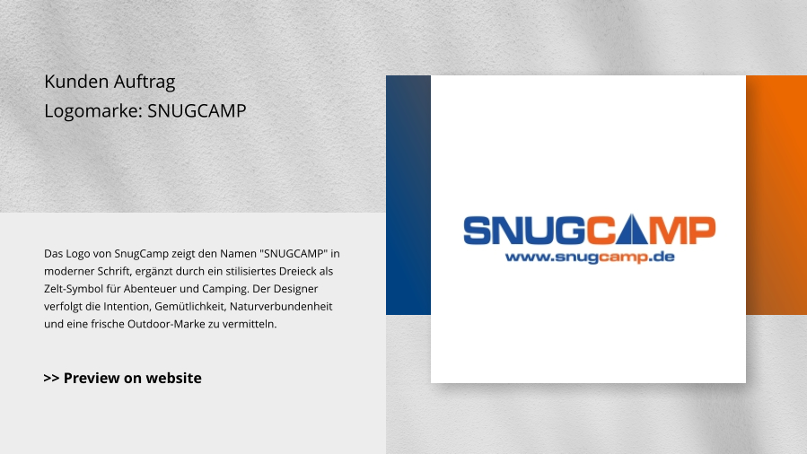 Kunden Auftrag Logomarke: SNUGCAMP Das Logo von SnugCamp zeigt den Namen "SNUGCAMP" in moderner Schrift, ergänzt durch ein stilisiertes Dreieck als Zelt-Symbol für Abenteuer und Camping. Der Designer verfolgt die Intention, Gemütlichkeit, Naturverbundenheit und eine frische Outdoor-Marke zu vermitteln. >> Preview on website